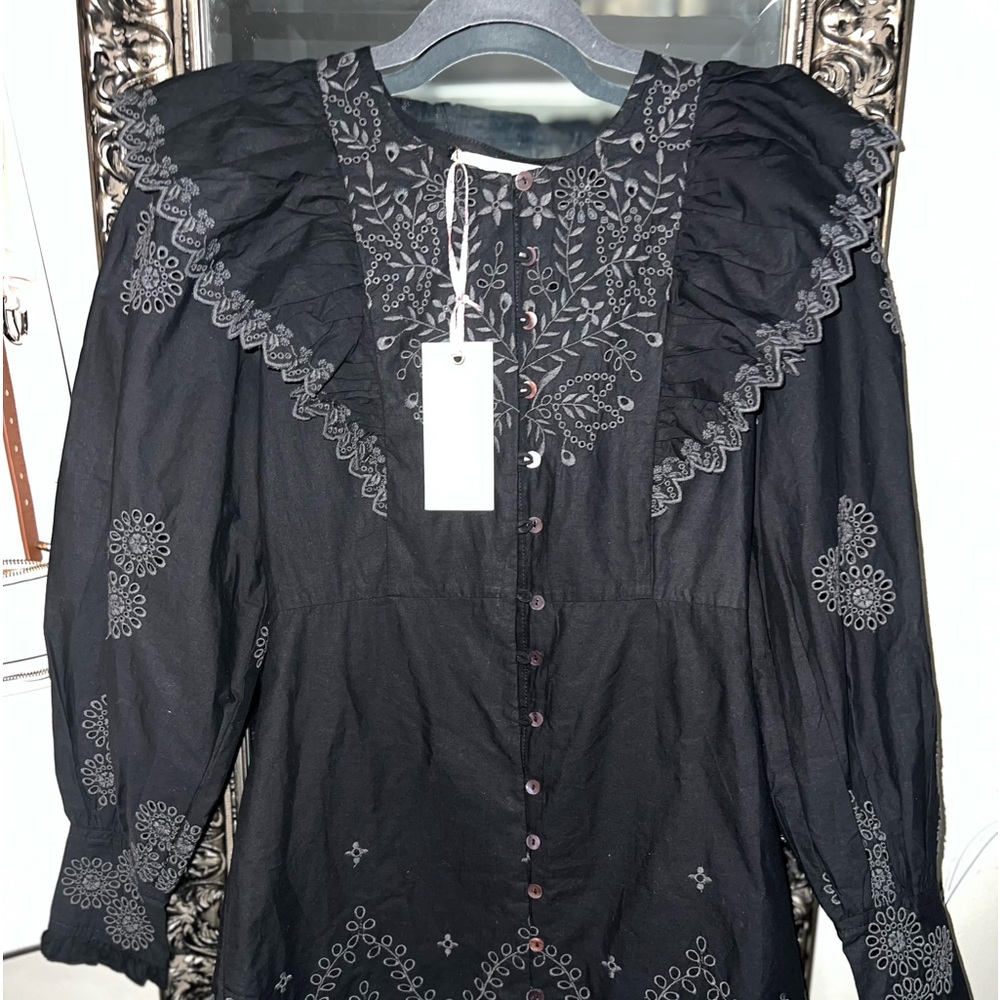 LoveShackFancy Tullia Black Ruffle Sleeve Embroidered Mini Dress - Size 0